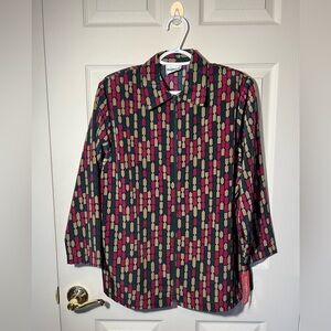 BonWorth Vintage Long Sleeve Zip Up Shoulder Pads MultiColor Geometric Blouse SP